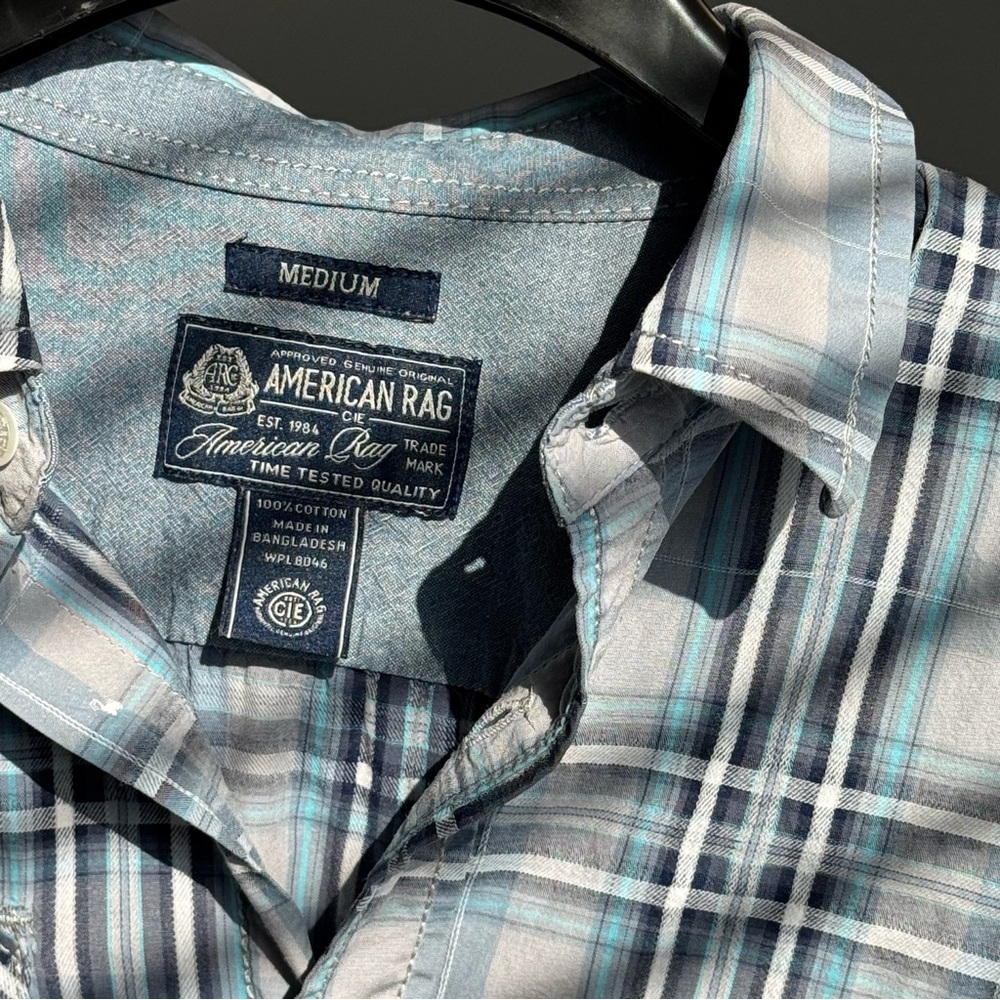 American Rag Men’s Long Sleeve Plaid Button Down Shirt Medium Blue Gray Cotton
